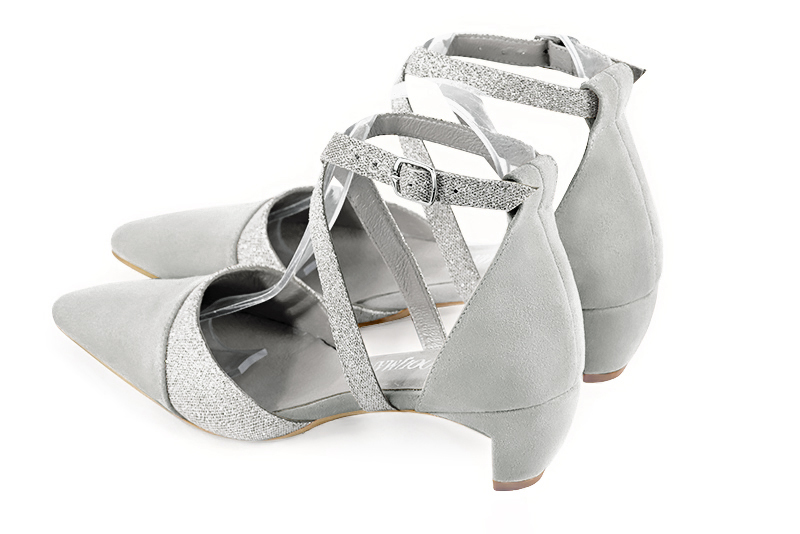 Pearl grey and light silver women's open side shoes, with crossed straps. Tapered toe. Low comma heels. Rear view - Florence KOOIJMAN